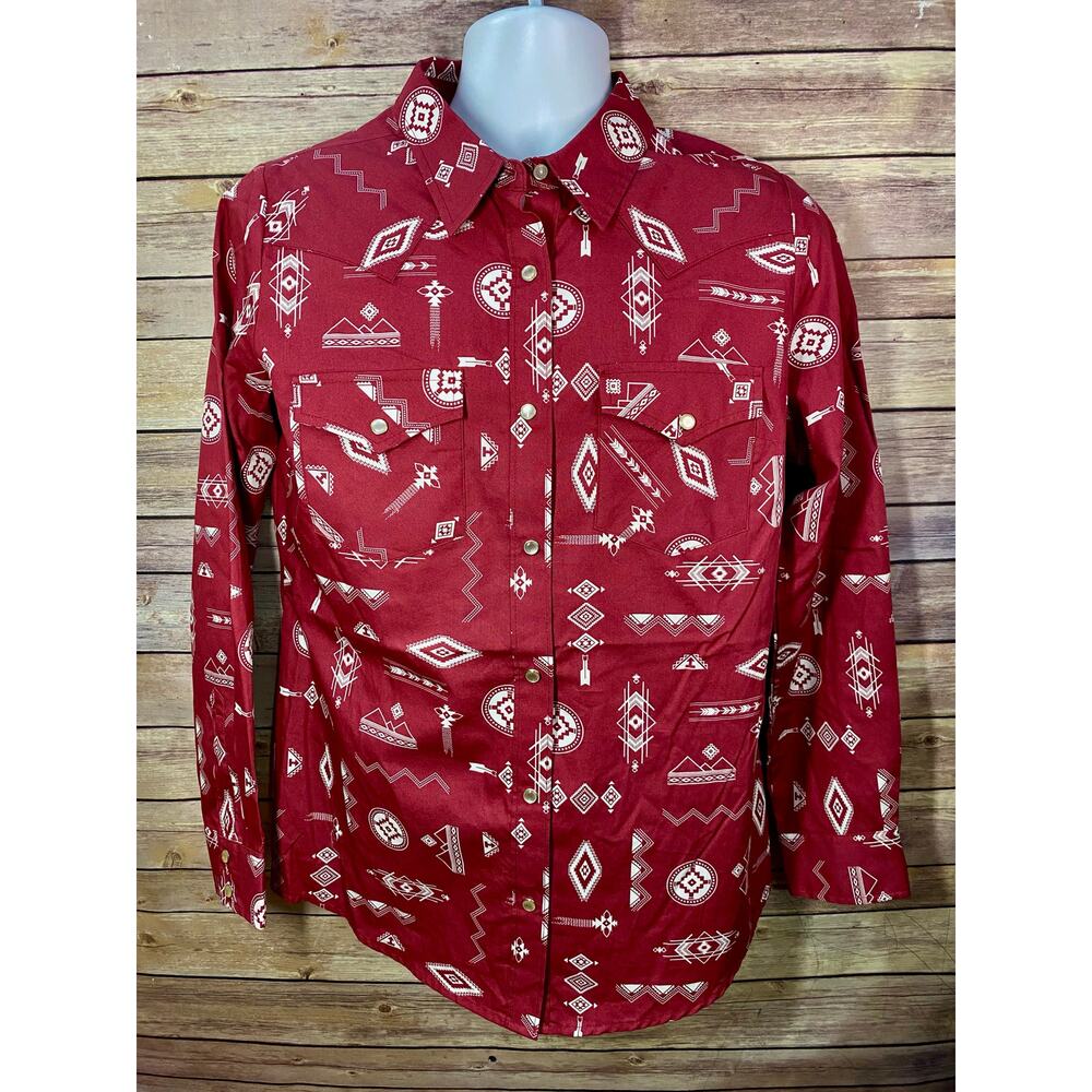 Wrangler Women’s Aztec Shirt – Size Medium, Desert Red, Long Sleeve Western